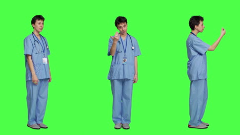 Medical-assistant-asking-a-person-to-come-over-closer-against-greenscreen